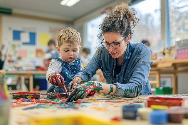 Teacher with a preschooler painting. The paint is messy and on the teacher and student along with the table.