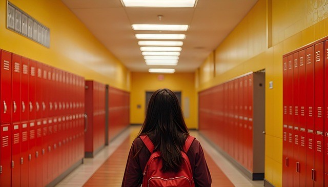 Student with a school bag looking down a school hallway that has lockers on each side.