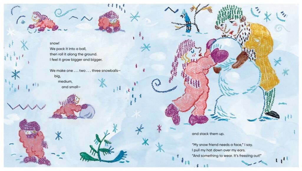 Pages of the book that have a winter scene. Neveah and an adult are making a snow man.