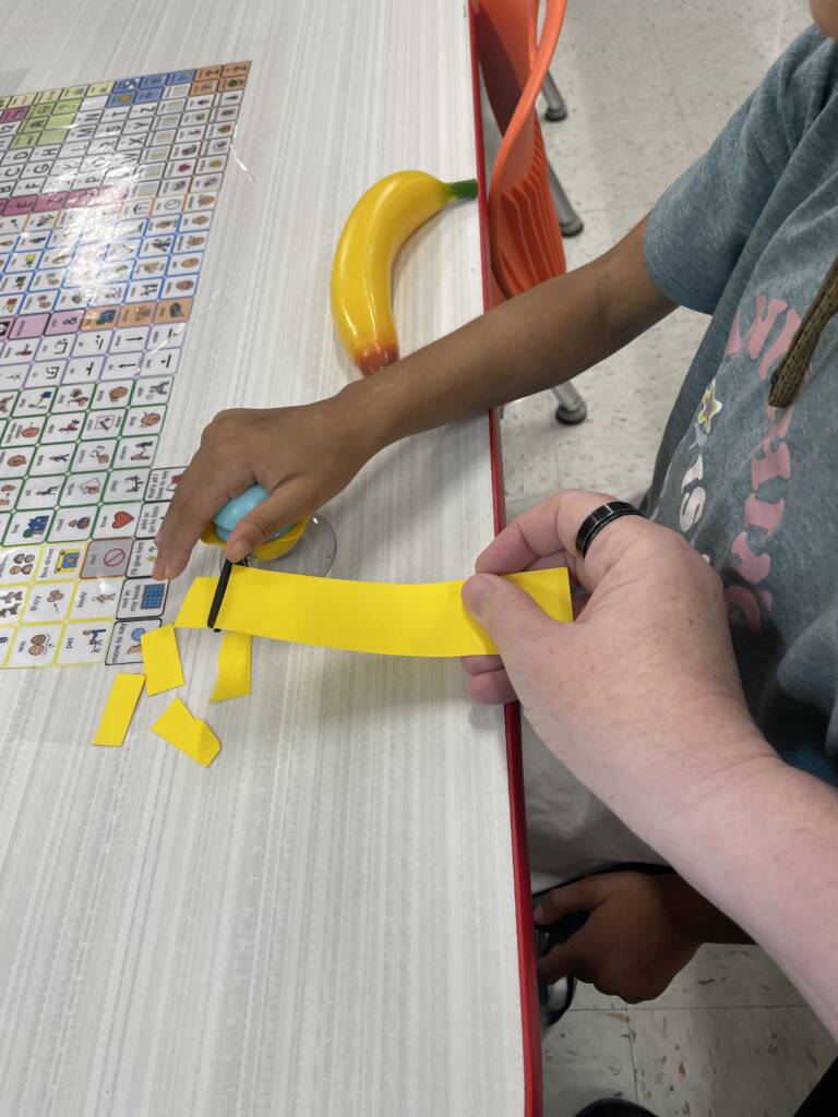 Student cutting a strip of paper with an adult holding it while they cut.
