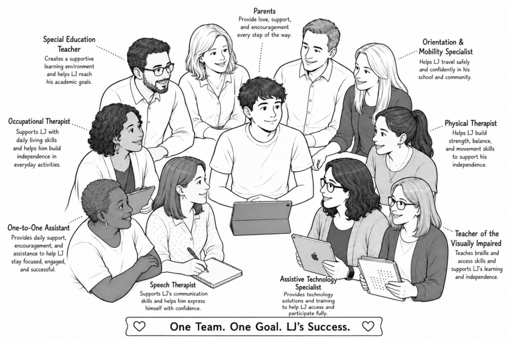 Drawing of LJ in the middle with his parents behind him for support and encouragement, Special Edu. teacher, O$M specials for travel, PT to build strength and balance, TVI for access, SLP for communication, One-on-one for support and engagement, OT for independence.
