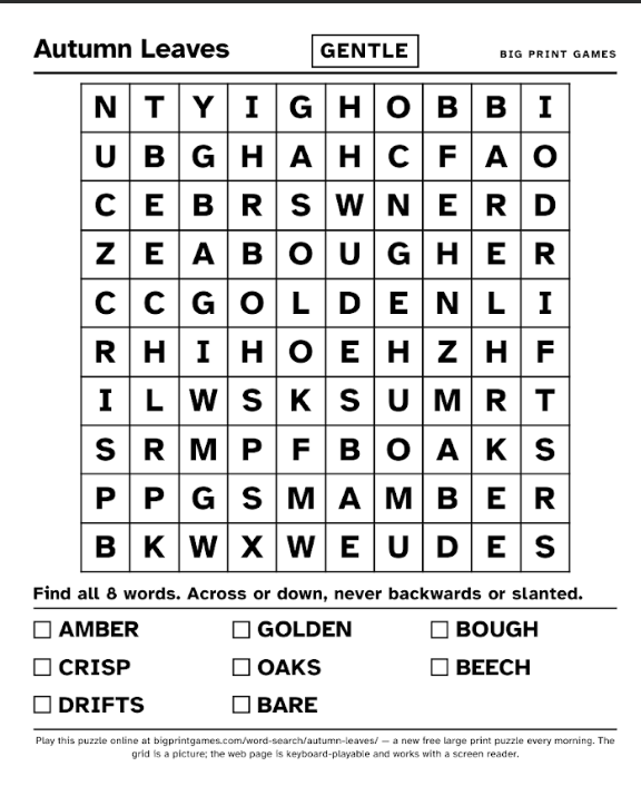 Big Print Games example of a word search they have. The theme for this one is autumn leaves. 