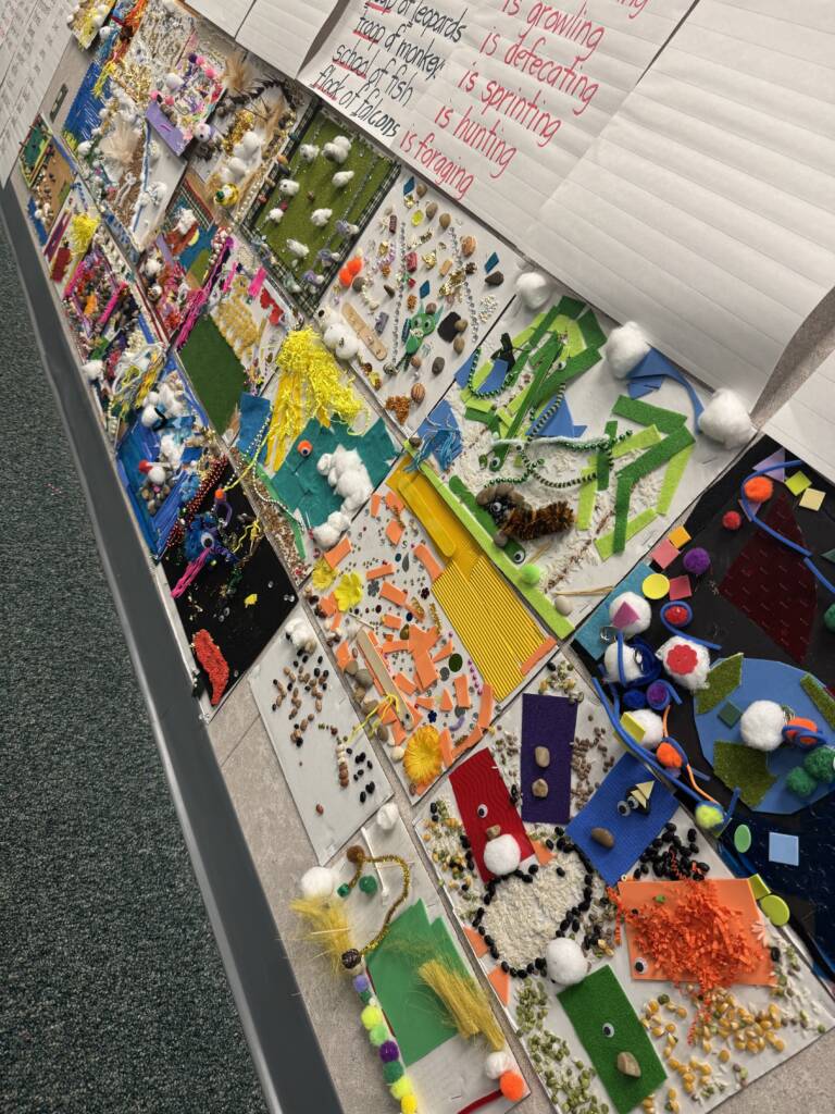 Completed tactile mural on the wall with all the student designs. 