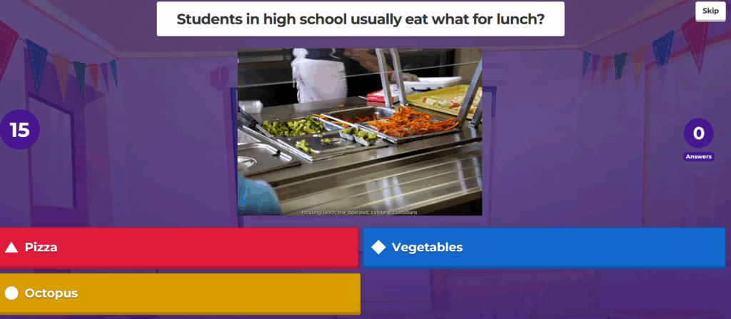 Kahoot slide with a question about school lunches.