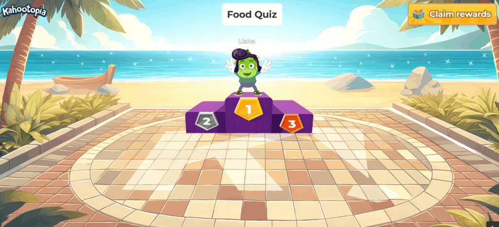Character on the winner stand after completing the Food Quiz Kahoot.