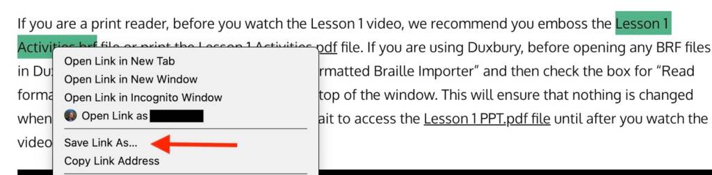 Text block with new screen opened in front with a red arrow pointing to "Save Link As"