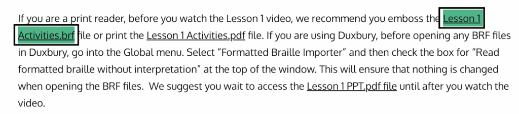 Text block with BRF file underlined and highlighted in green