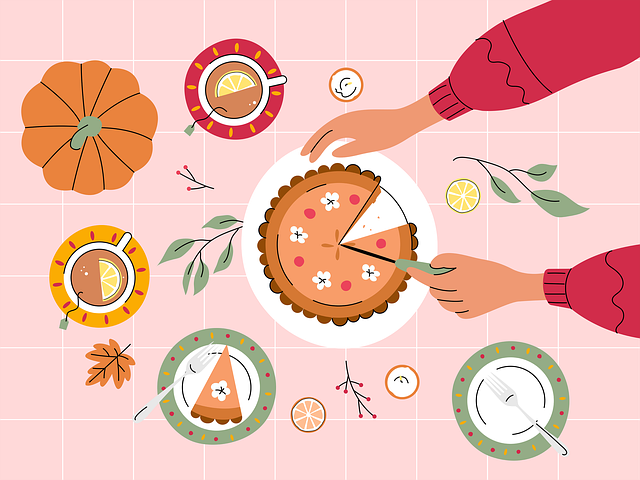 Cutting a pumpkin pie with plates and slices on the table.