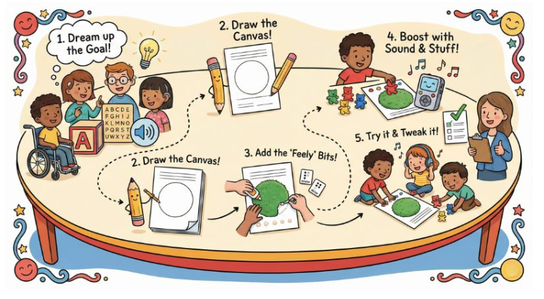 An illustration of a student work center where they are creating their own project. 