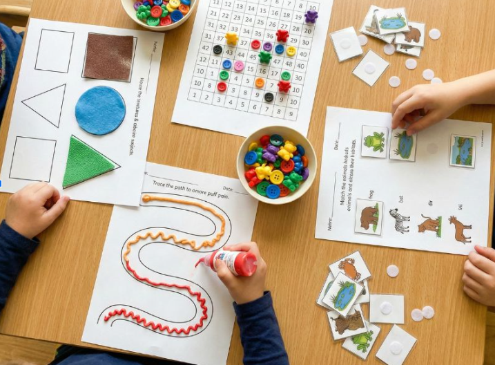 Four student working on a desktop on verious worksheets tht include using more tactile objects like puffy paint, felt, and counters. 