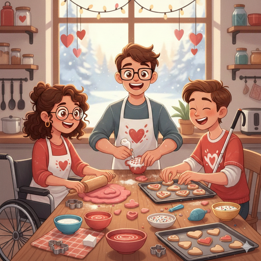 Three teens making heart cookies at a table.