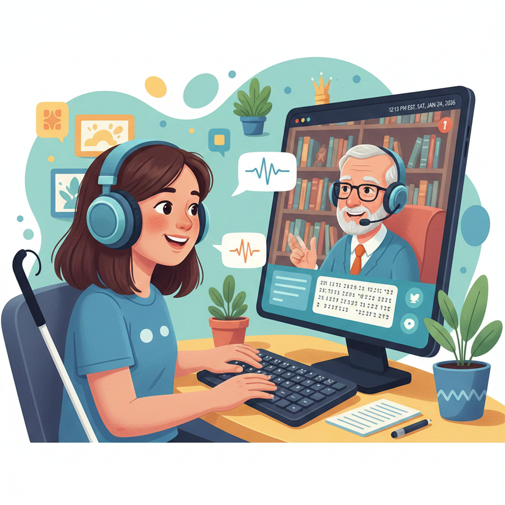 AI image of a teen girl who has headphones and a cane, sitting at a desk virtually meeting with a professor.