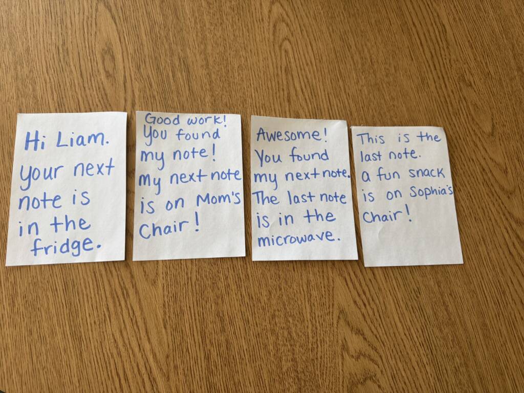 Four sticky notes written to Liam. 