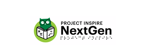 Project INSPIRE NextGen is written in print with Project INSPIRE in Simbraille below the print. On the left a green owl reading a book that has math symbols on it is shown.