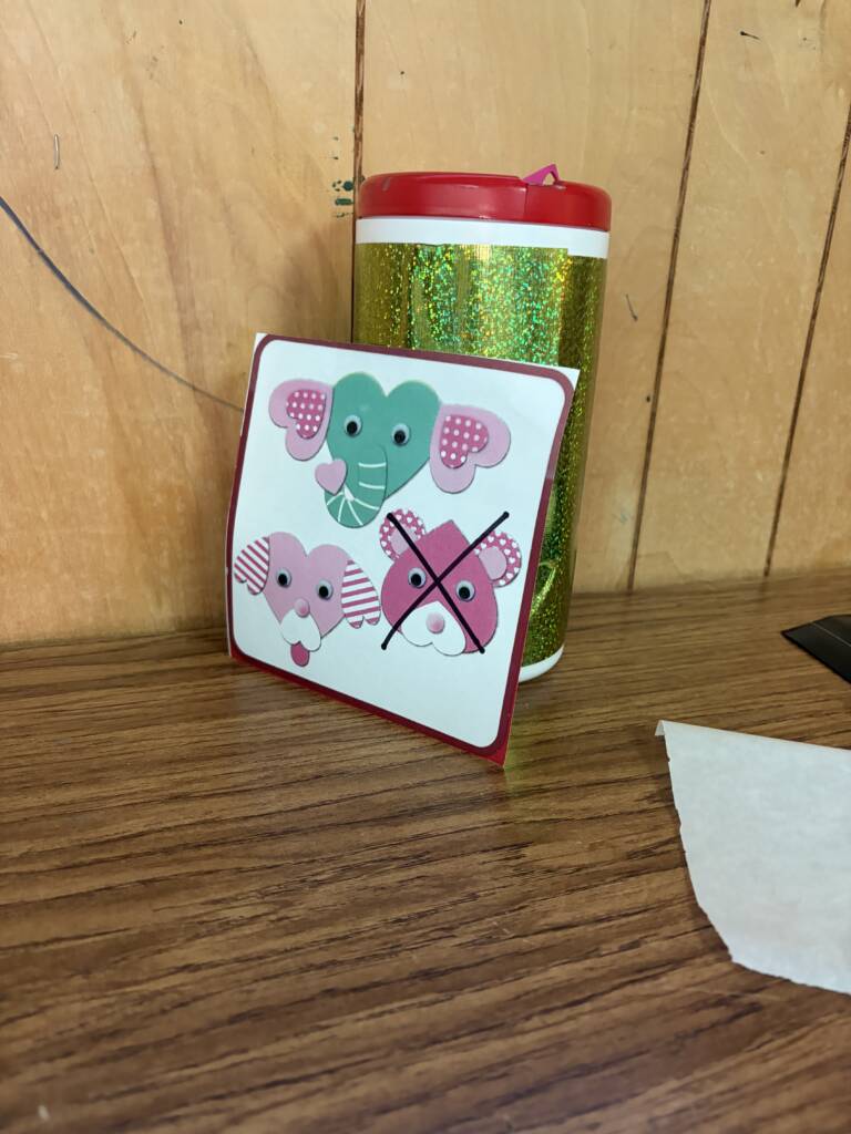 Three sample heart crafts and a water bottle. 