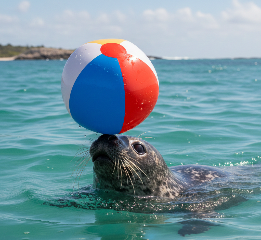 Seal in the water with a beach ball on his nose.