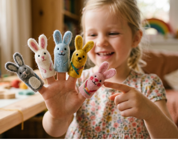 Little girl with five finger puppets on her hand.