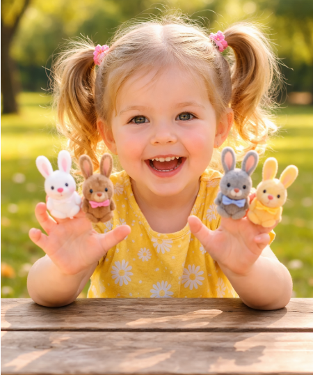 Little girl smiling with bunny finger puppets on her fingers.