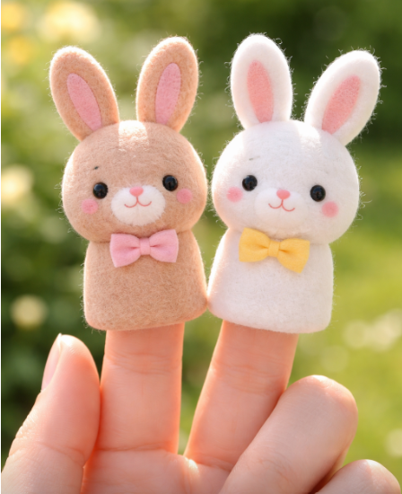 Two bunny finger puppets on a hand. 