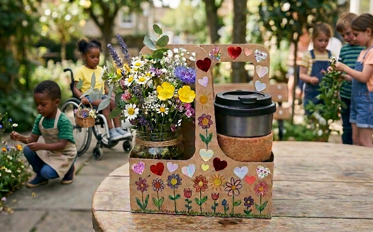 Children picking flowers and a coffee holder on a table that is decorated and has flowers and a travel coffee mug in it.