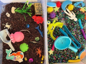 A variety of "under the sea" items in a box that include scoopers, sea creatures, and mermaids.