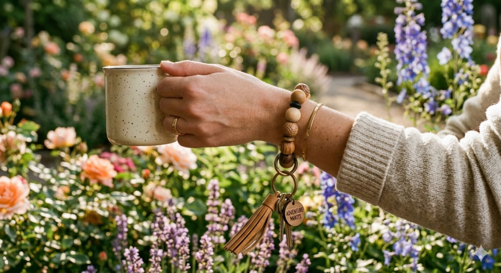 Woman's arm with a wristlet keychain on their wrist holding a mug out in a garden. 