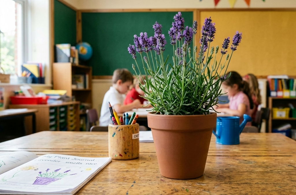 Potted lavender on a teacher's desk. Student sitting at desks in background. 