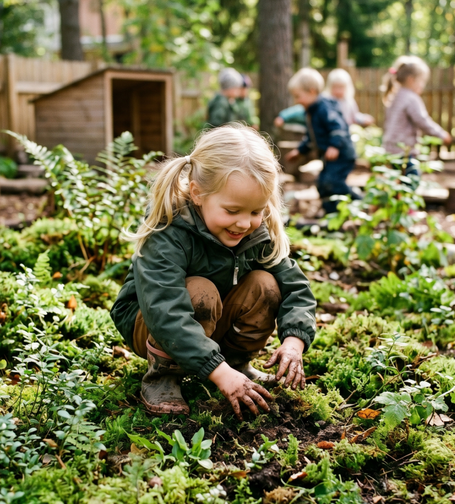 Little girl kneeling down into the ground playing in the dirt. 