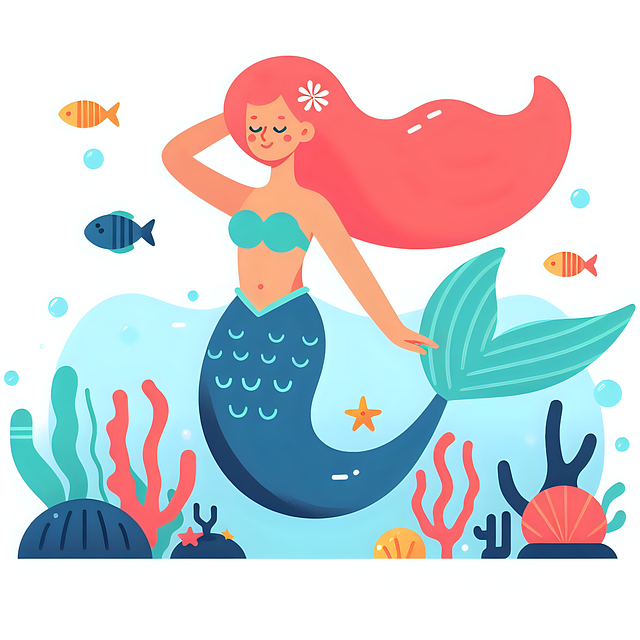 Mermaid underwater with ocean creatures in the bakground.