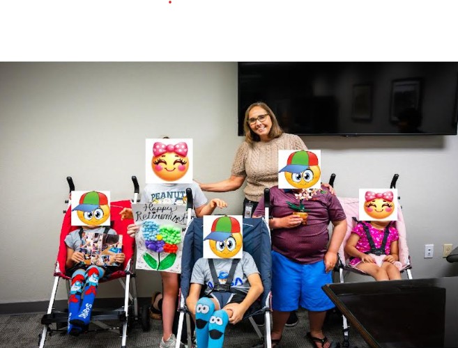 Retiree with the students who made her the gift. 