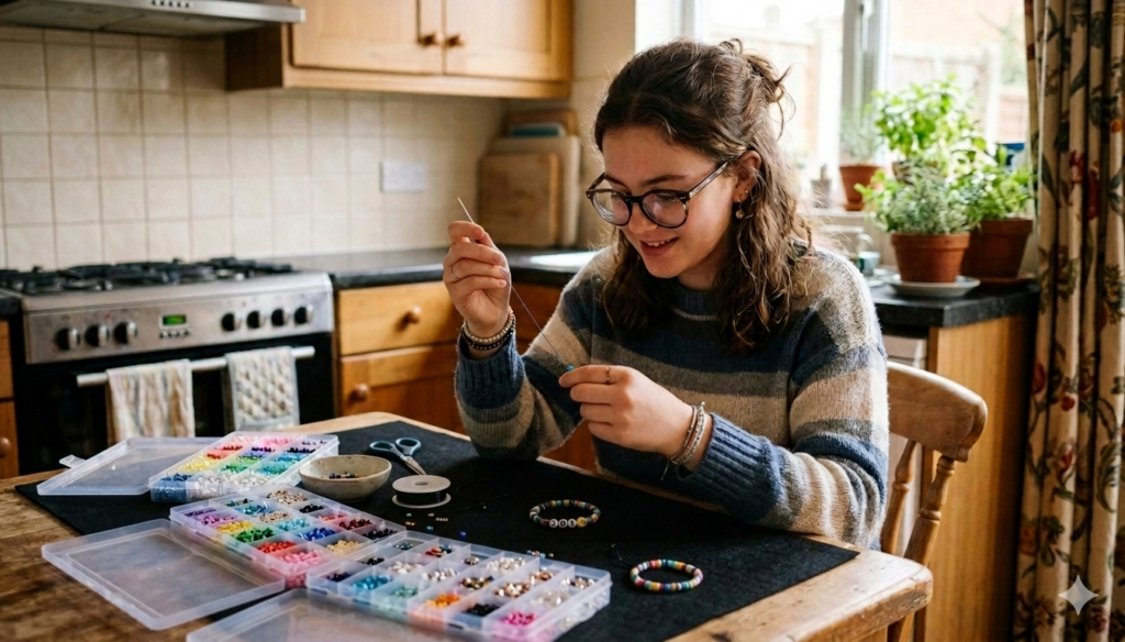 Teen girl treading beads to make a bracelet at her kitchen table.