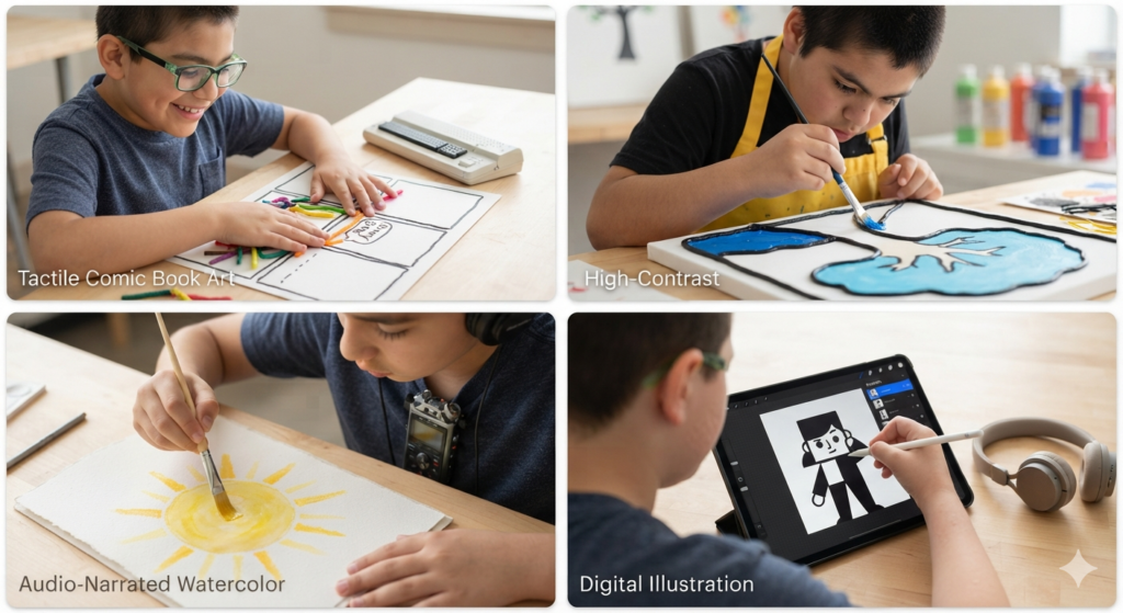 Four pictures of each lesson idea including tactile comic book art, high contrast painting, audio-narrated water color, and digital illustration. 