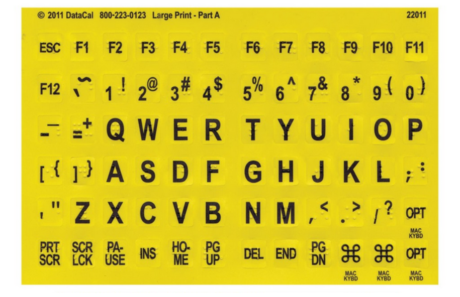 Yellow keyboard stickers in large print and braille.