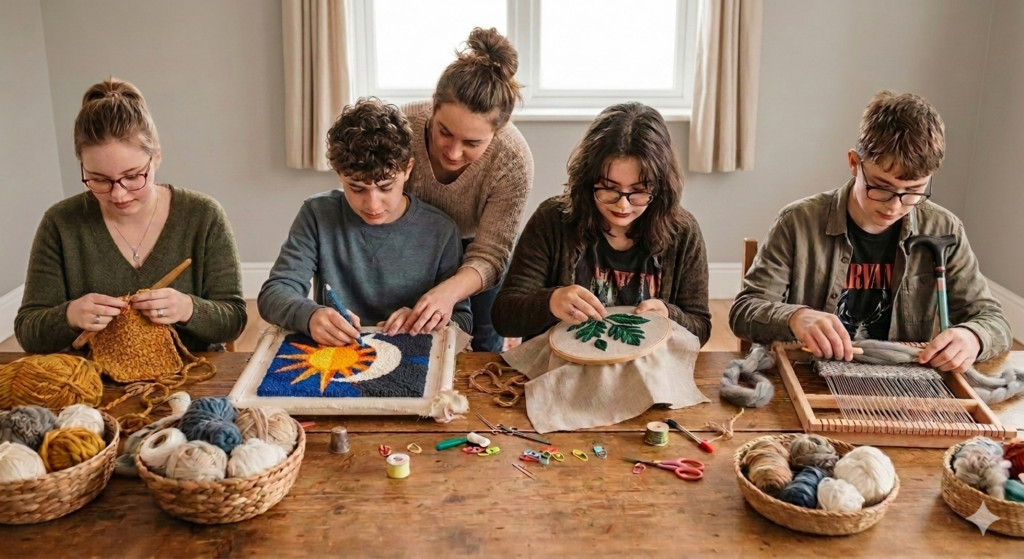Four teens doing each fiber craft with an instructor behind them including crochet, punch needle tufting, embroidering, and weaving. 