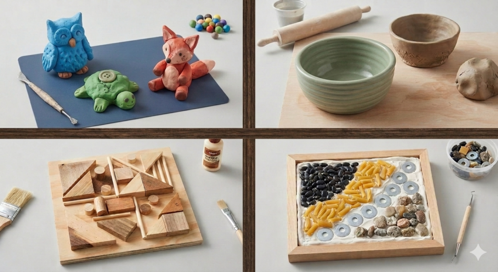 AI generated photo of 4 ideas to make including clay animals, a coil pinch pot bowl, a 