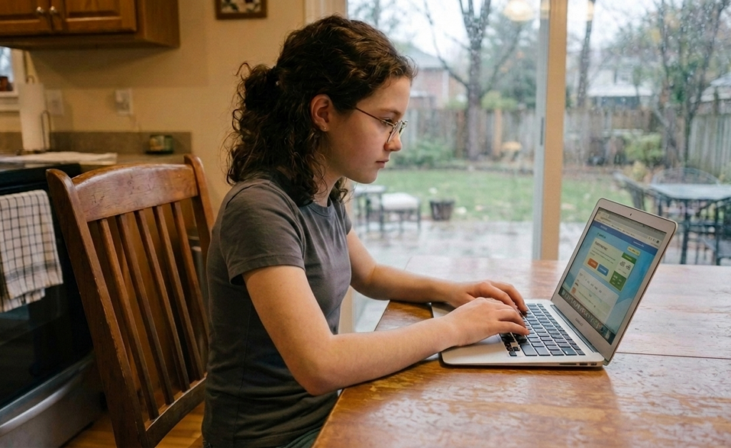 A middle school girl is typing on a laptop at her kitchen table.