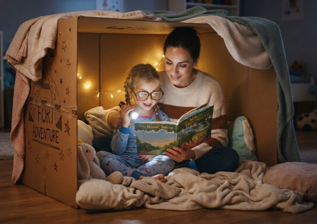 Mother and daughter reading a book with a flashlight in a large box that has blankets, pillows, and string lights.