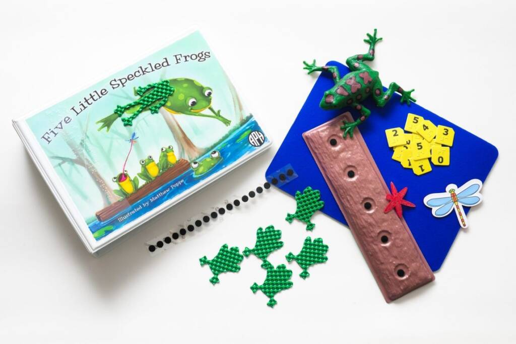 Five Green and Speckled Frogs APH book with manipulatives to go with it.