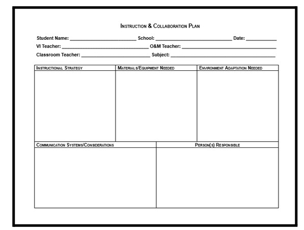 Instruction and Collaboration Plan form that records strategy, materials needed, environment, communication concerns, person(s) repsonsible.