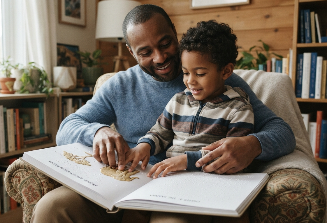Dad and his son on a chair reading a braille book with tactile images.
