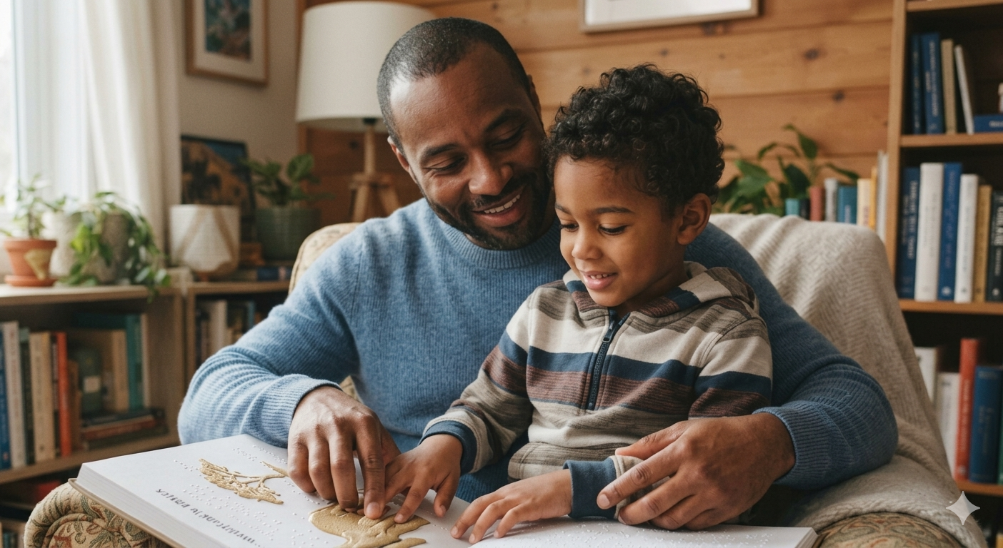 Dad and his son on a chair reading a braille book with tactile images using an AI photo generator.