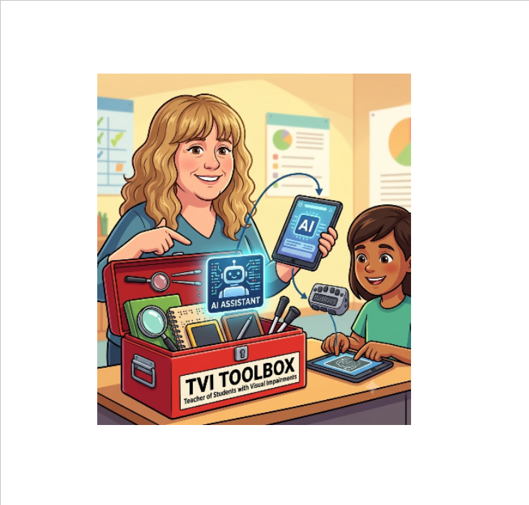 Liz in an AI generated cartoon with a student and a "TVI toolbox".