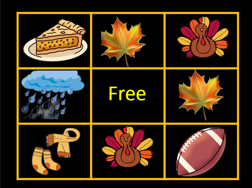 A BINGO card that has 9 spaces with high contrast pictures in spaces: pie, leaf, turkey, rain, FREE, leaf, turkey, footbal, acorn.