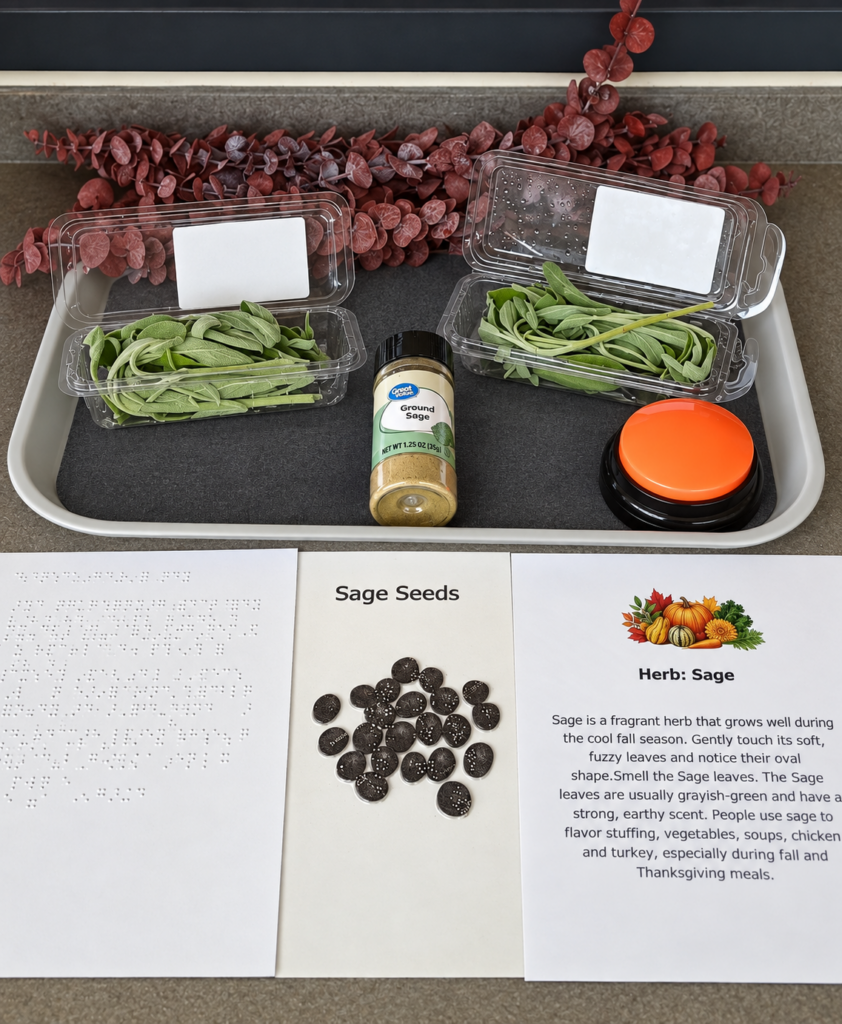 A tray a sage, freshly cut and in a spice jar with information in both print and braille. Sage seeds also on at display and an AAC button to push.