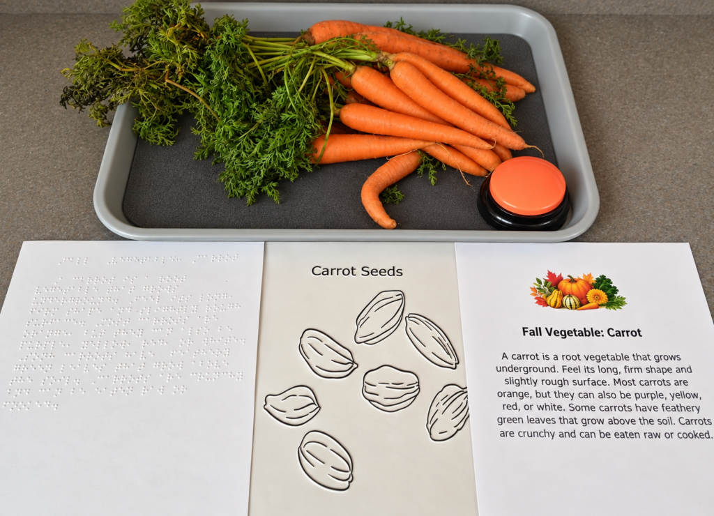 Carrots on a tray with an AAC button to push. Braille and print info. and a raised line drawing of carrot seeds.