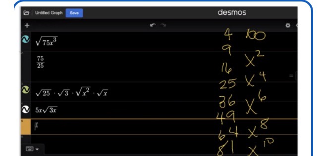 The Desmos graphing calc screen shows step by step simplification of the radical expression square root of 75X cubed into 5x the square root of 3x, with the handwritten list of perfect squares and even exponents on the side.