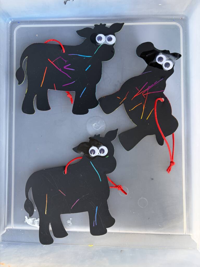 Completed scratch animals; two cows and a horse.