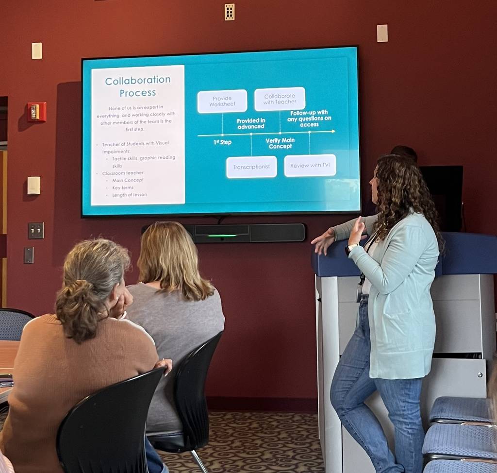 A room of educators with a TVI reading the screen that discusses the collaboration process for modifying materials.