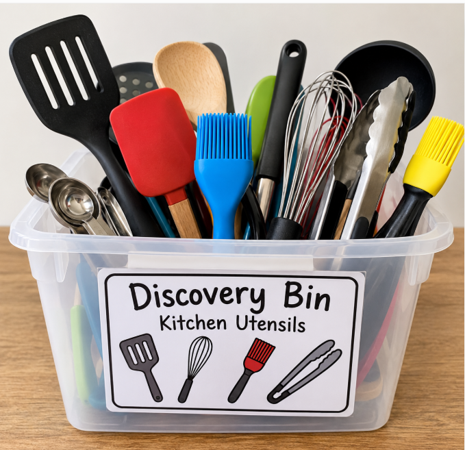 Discovery bin full of kitchen utensils.
